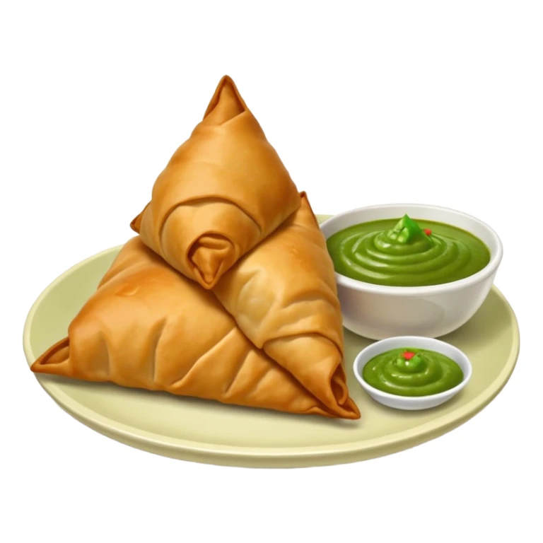 a samosa with a small bowl of green chutney beside it sticker