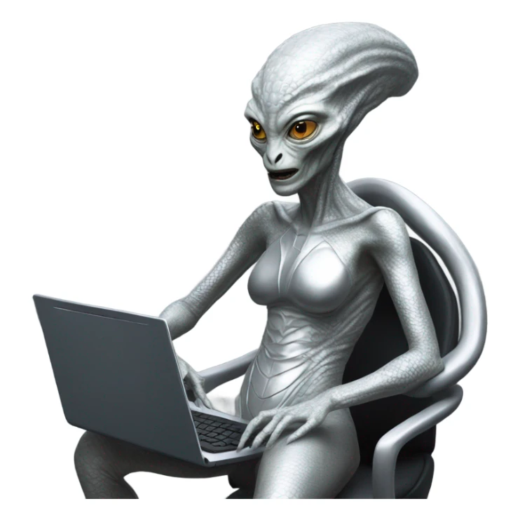 Alien reptilian womanvin silver, full figure, working at computer  sticker