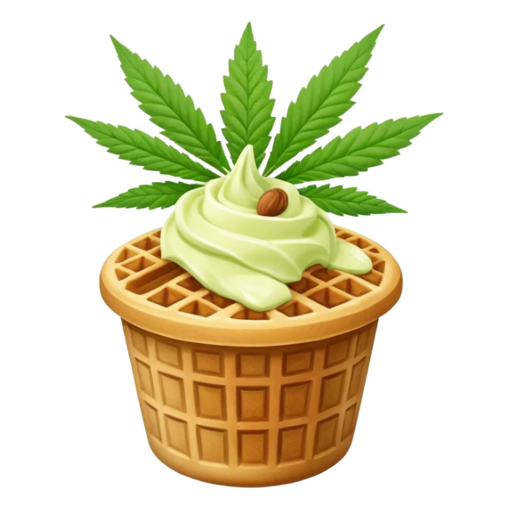 gelato in a waffle cup with cannabis leaf sticker