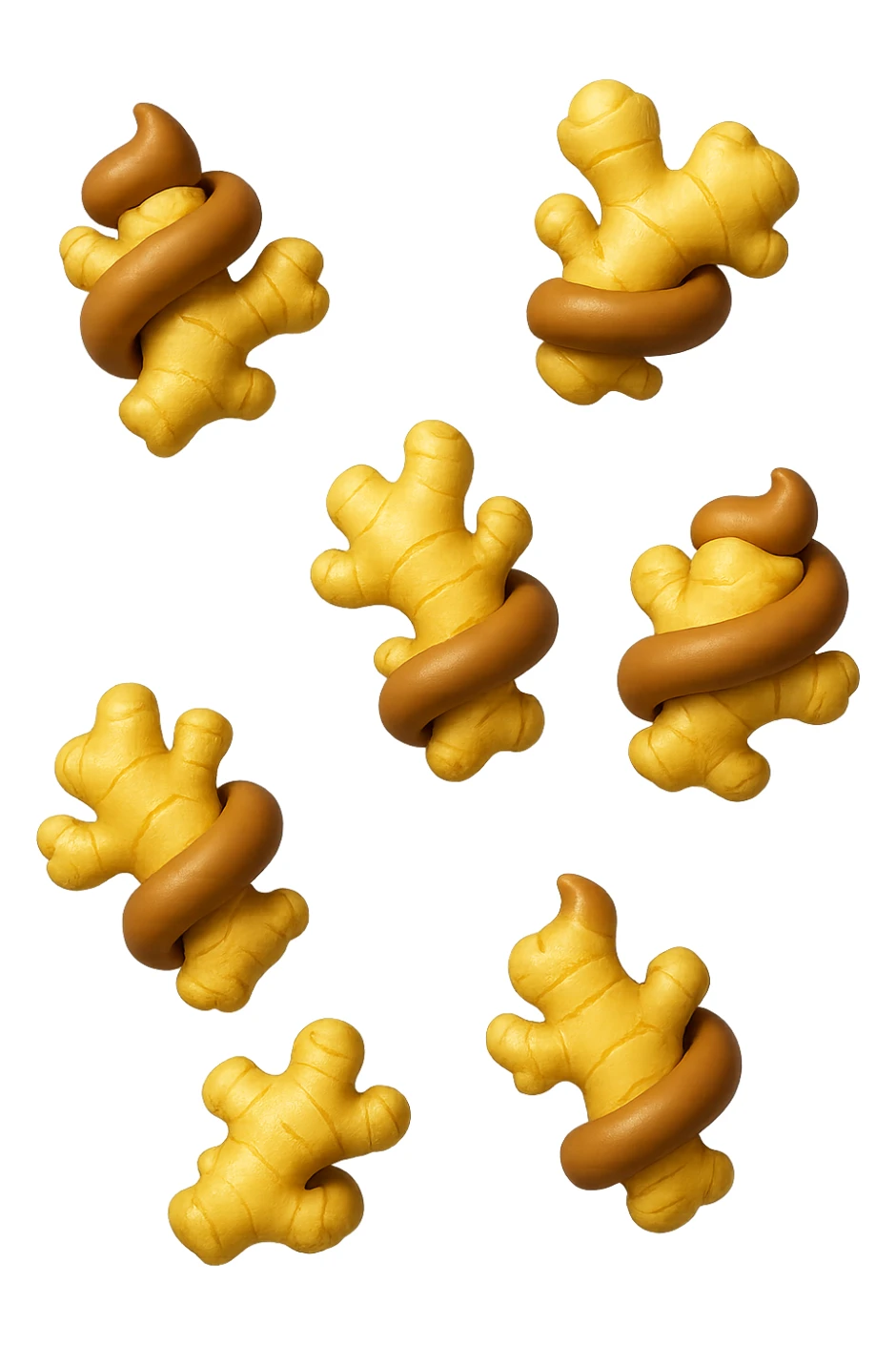 emoji stile iphone 3d di 6 piccoli pezzi di zenzero che fluttuano in aria con pezzi di colon arrotolati intorno, iperrealistico 4k sticker