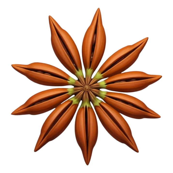 whole star anise pods, one or two, reddish-brown, eight pointed arms, perfect star, smooth and glossy, visible seeds, woody crisp, no extras, soft lighting, transparent background, emoji scale sticker