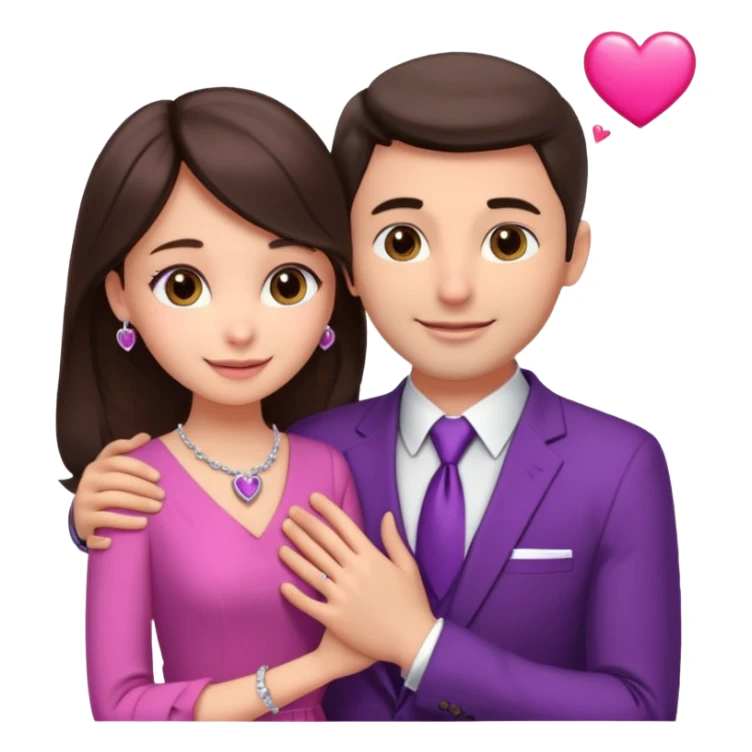 Brunette girl, with an engagement ring on her finger hugging a handsome man, (her boyfriend) both of them happy, she’s wearing a pink dress, he is wearing a suit, he’s also a rich businessman, and there is the 💜 purple heart emoji on top. They look in love with each other sticker