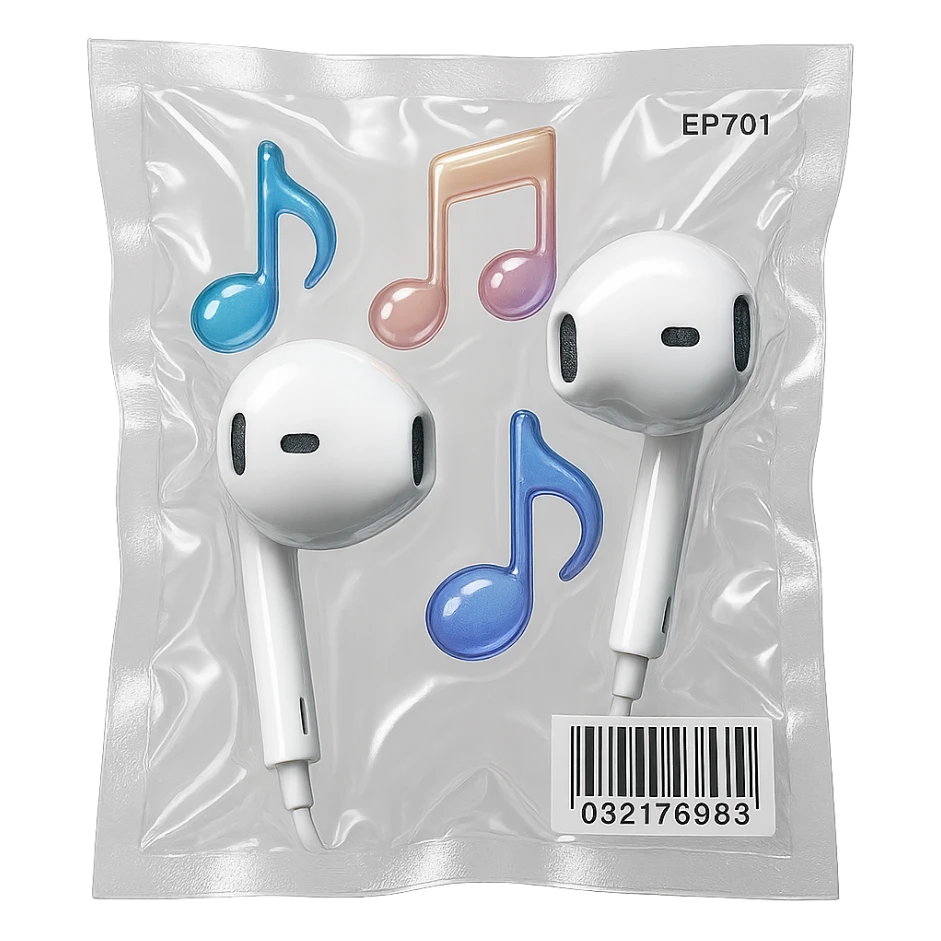 pair of white EarPods with three floating glass music notes in soft gradient colors, glossy and inflated sticker