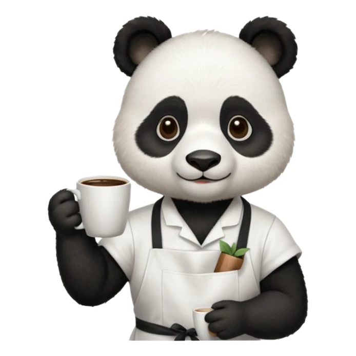barista panda, wearing apron, holding coffee sticker