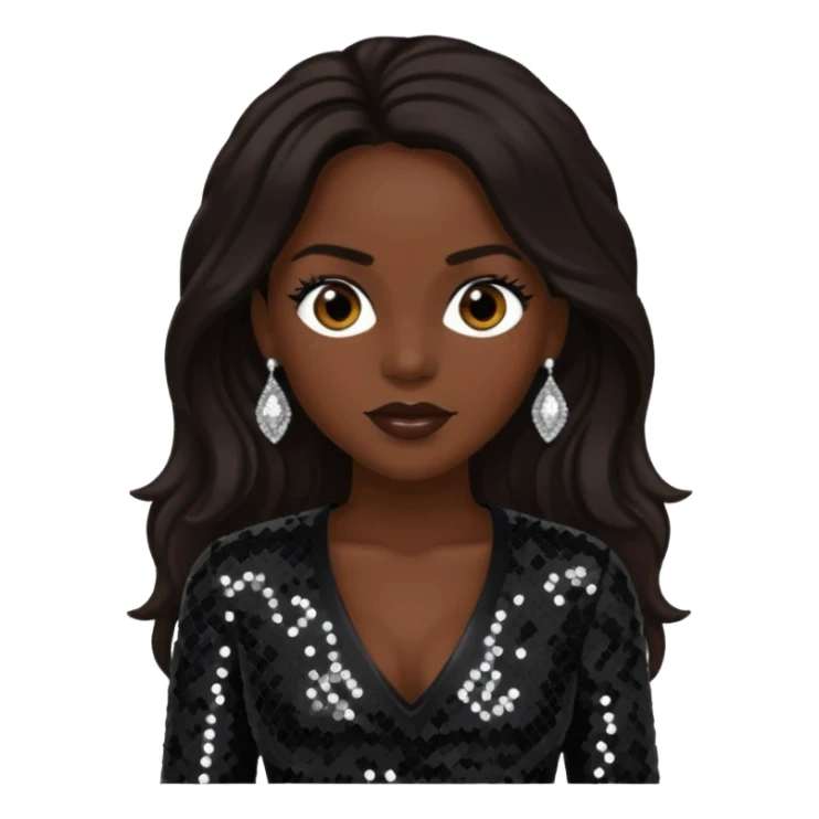 Cindy Herron from En Vogue with long dark brown hair, black sequin outfit sticker