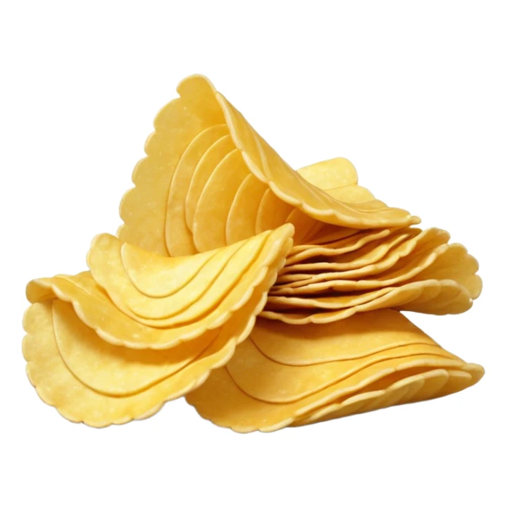 2 golden curved potato chips, stacked, crispy, light texture, appetizing, with surface bubbles, 3D, minimal, polished, soft shadows, no packaging, no bowl, no branding, no anthropomorphic elements, transparent background, emoji scale sticker