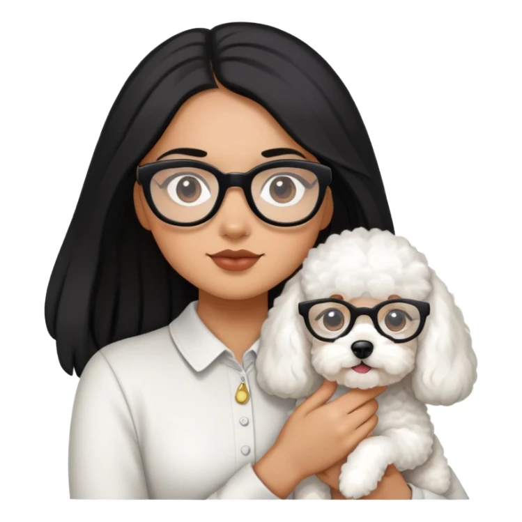 A girl with long black hair and glasses holding a bichon and a white devon sticker