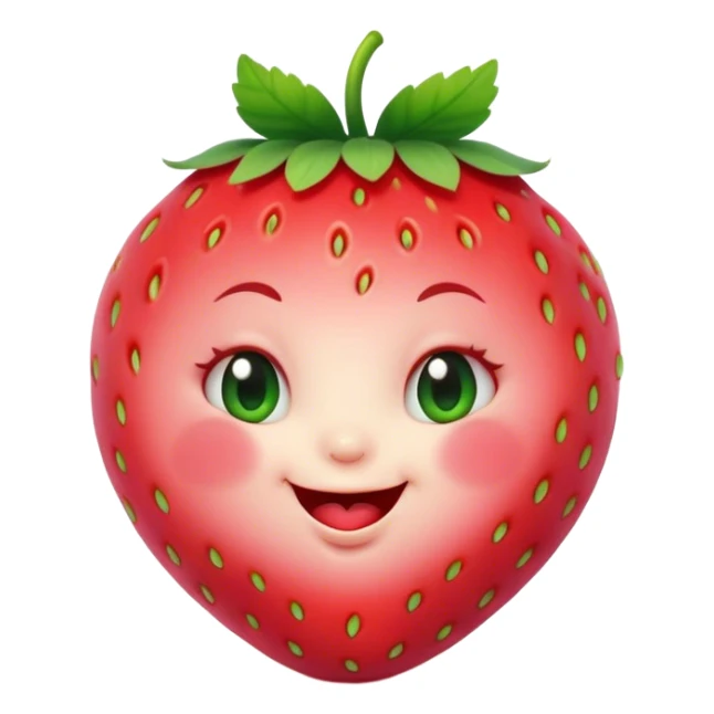 Cinematic plump happy strawberry, glossy bright red, tiny round eyes and blushing cheeks, green leafy top slightly tilted, cheerful and charming. sticker