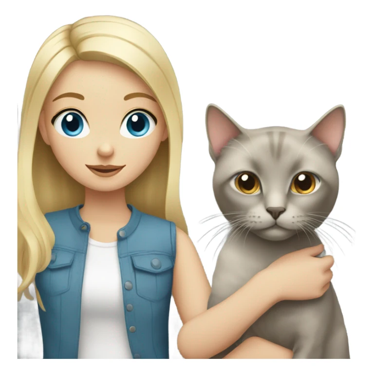 blonde girl with blue eyes holding a grey cat with brown eyes sticker