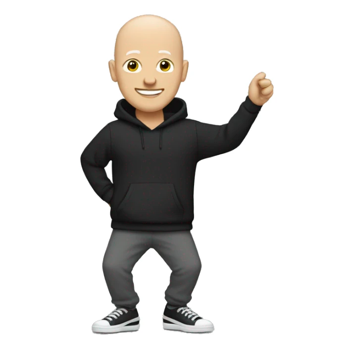 a bald white man, with a black sweater and gray jogging pants and dancing shoes sticker
