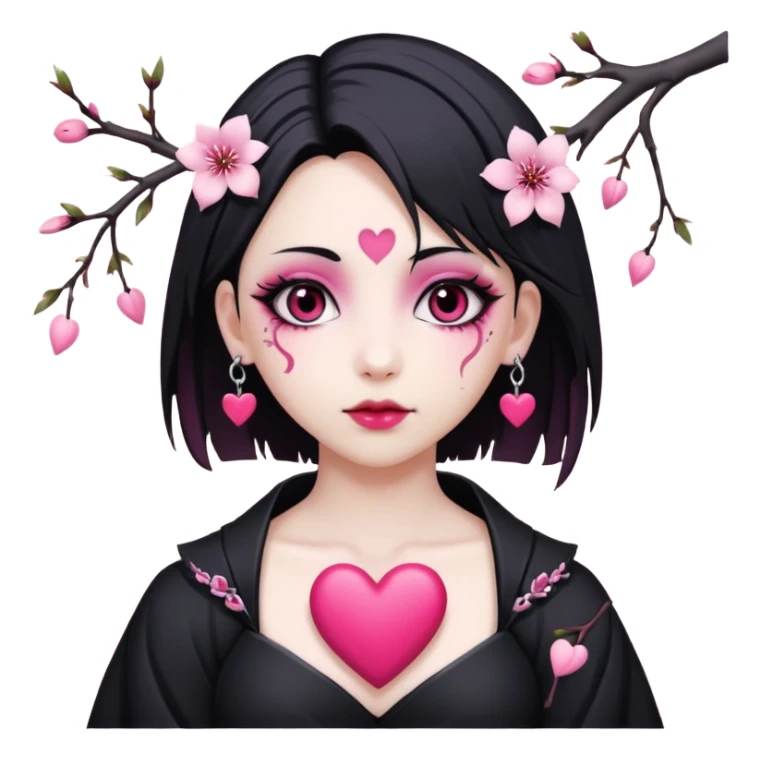 goth sakura heart, heart pierced by sakura branch, white and pink sticker