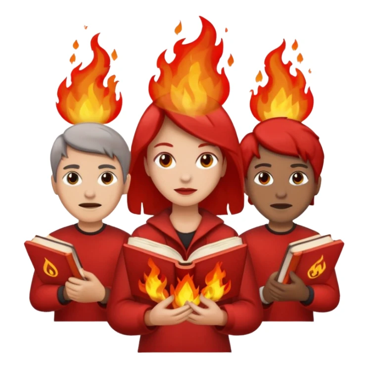 Chinese culture revolution, a group of ppl wearing red, buring books sticker