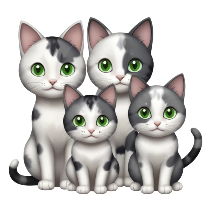 3 different coloured small cats including a dark grey and white, and a patchy calico and a completely solid dark grey with green eyes and only white paws sticker