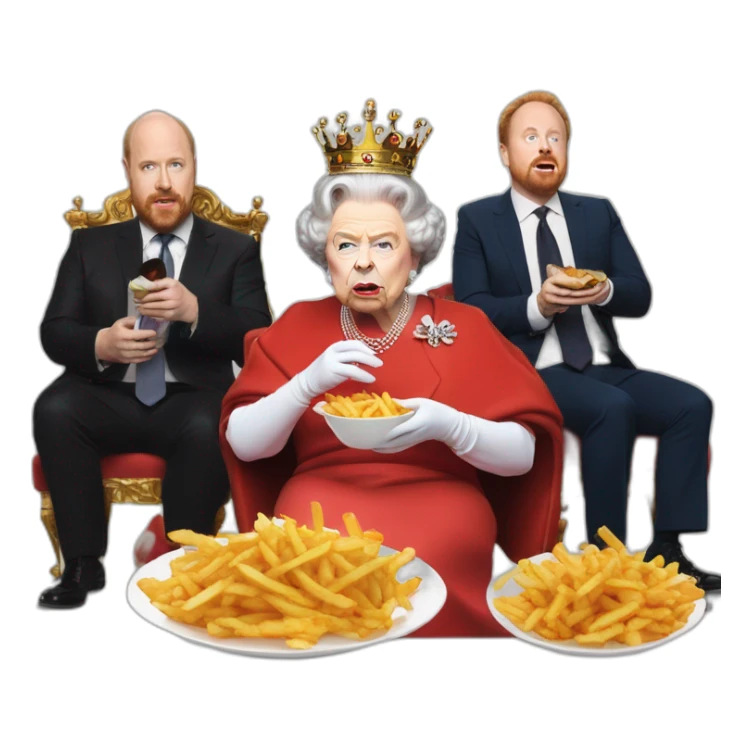Queen Elizabeth II eating fries with louis c.k. And Warwick davis sticker
