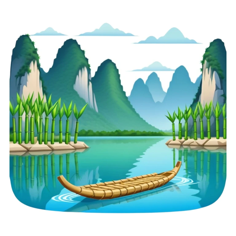 Li River Guilin with karst mountains and bamboo raft, simplified emoji style with bold outlines and bright colors, cartoon style limestone peaks with river sticker