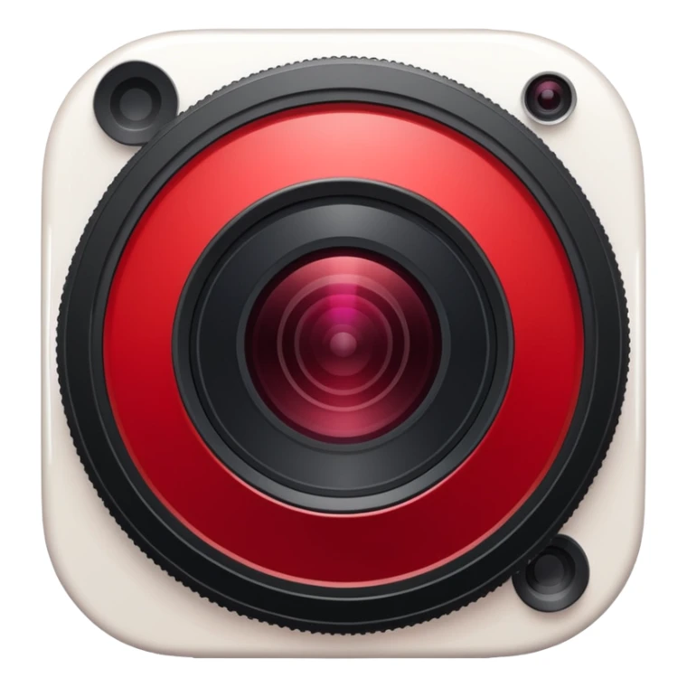 A round camera lens, apple emoji style, minimalist, with highlights, no faces, red sticker