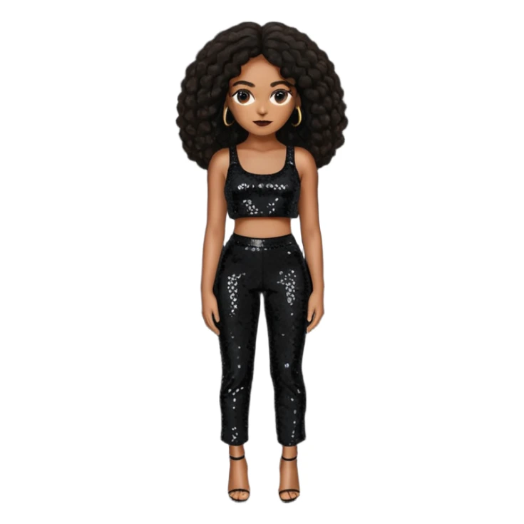 Solange with long dark brown hair, black sequin crop top, black sequin pants sticker