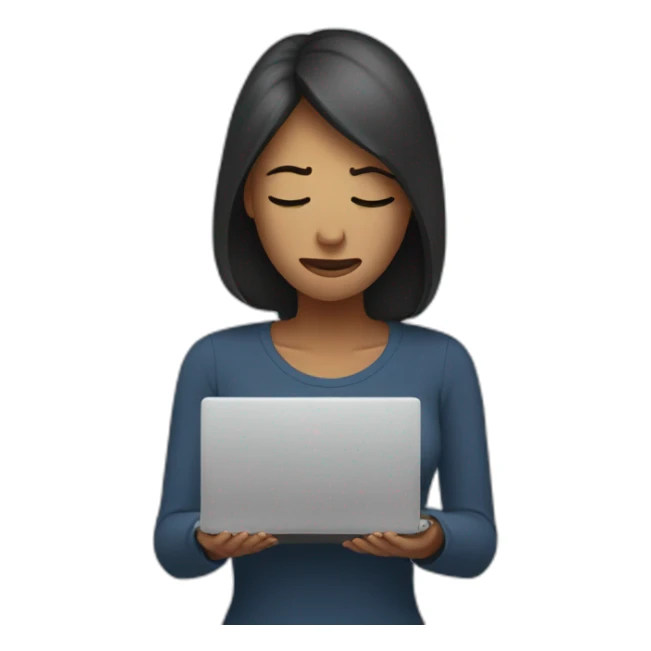 woman stressed with laptop holding head sticker