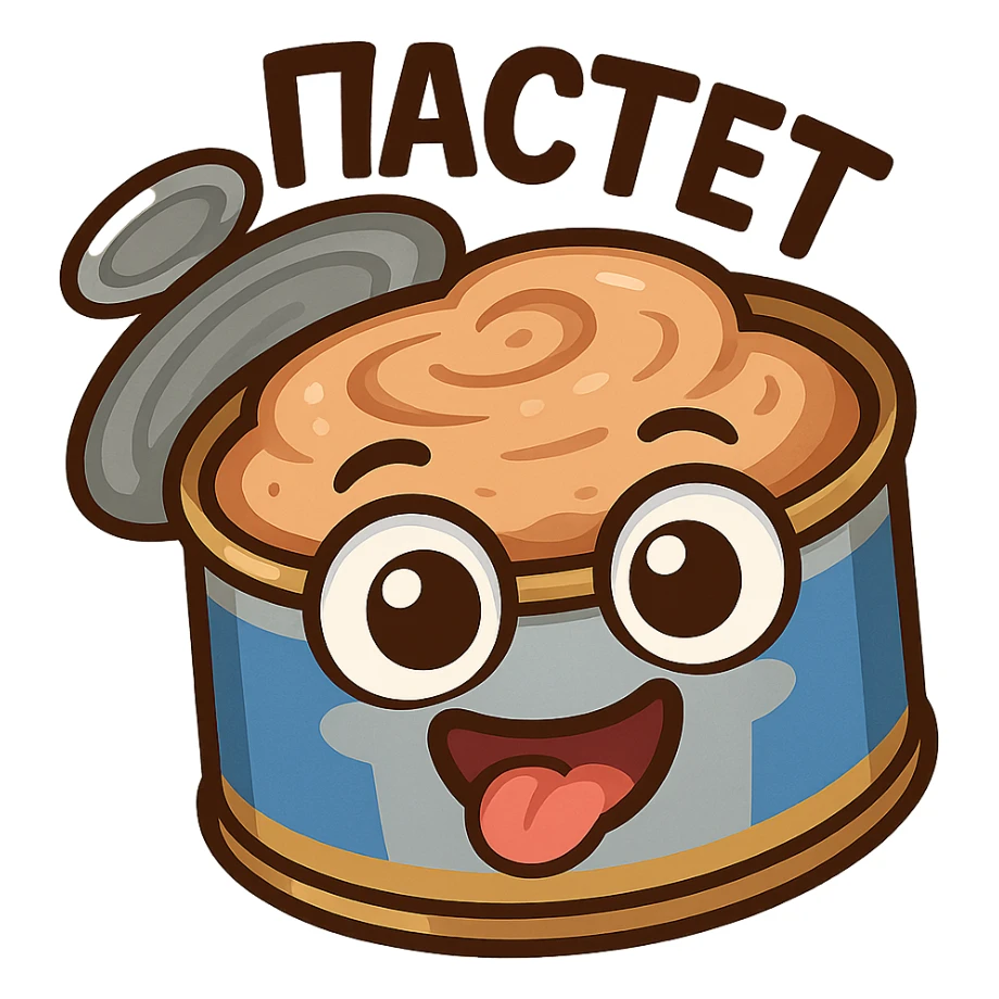Funny chibi open pâté tin can, lid flipped open, creamy pâté visible, goofy smiling face, exaggerated big eyes, playful cartoon emoji style, thick outline, bright colors, Twitch chat emote, text "ПАСТЕТ" in Cyrillic abovee sticker