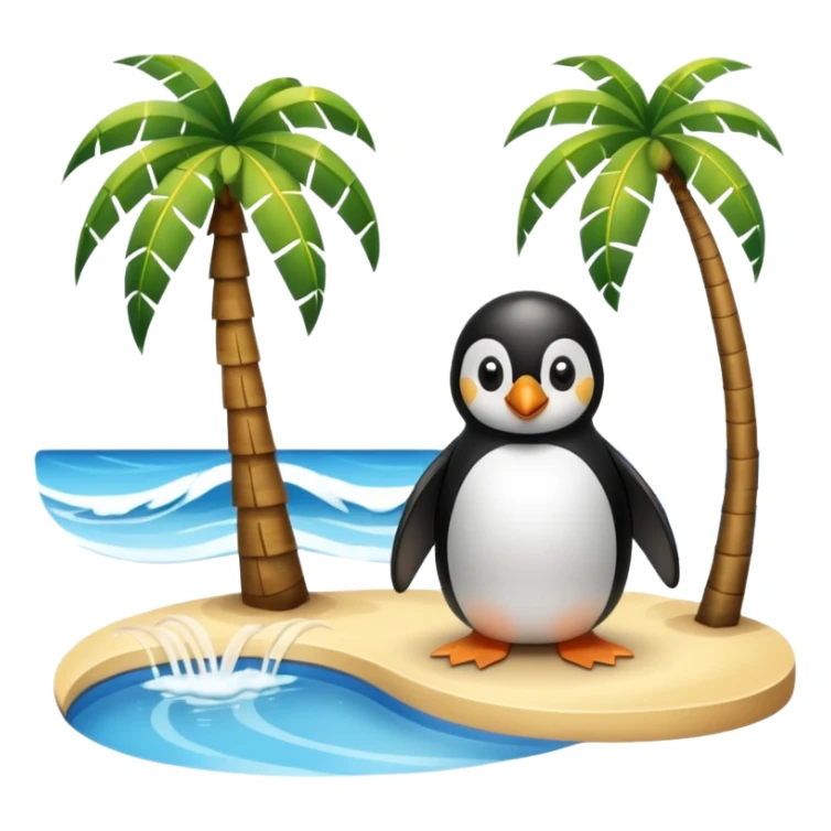 a penguin sitting by a palm tree and pool at the seaside with waves sticker