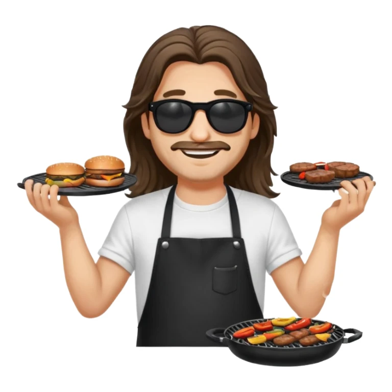 long hair man grilling wearing shade smiling in a white tshirt and a black apron grilling burger and meat on a sizzling grill sticker
