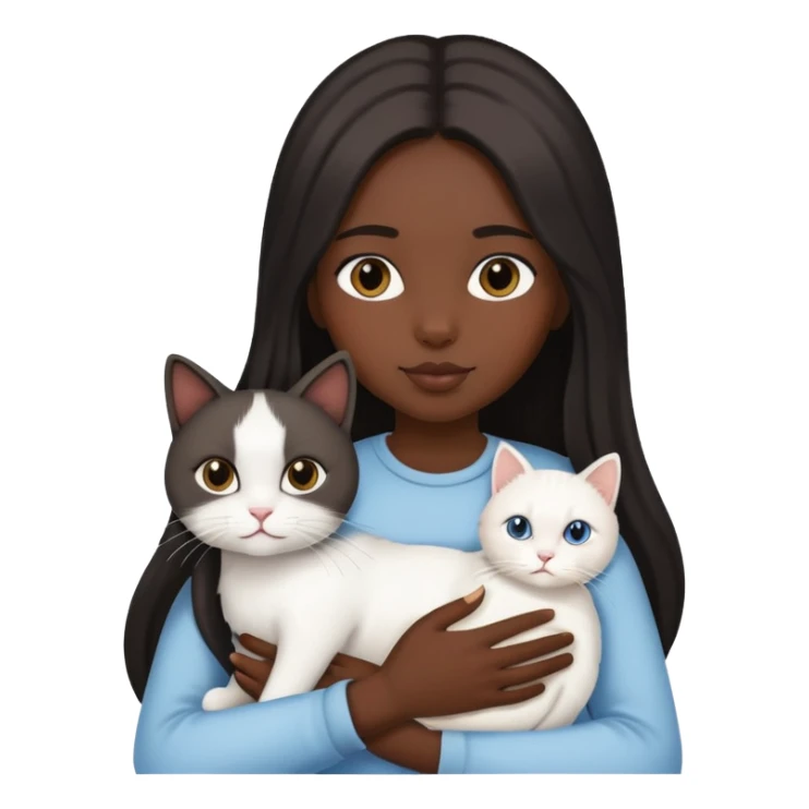 A black straight long-haired girl is holding a white cat sticker