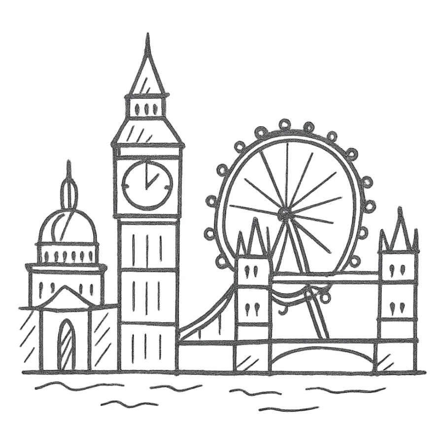 London skyline in a hand drawn black outline style sticker