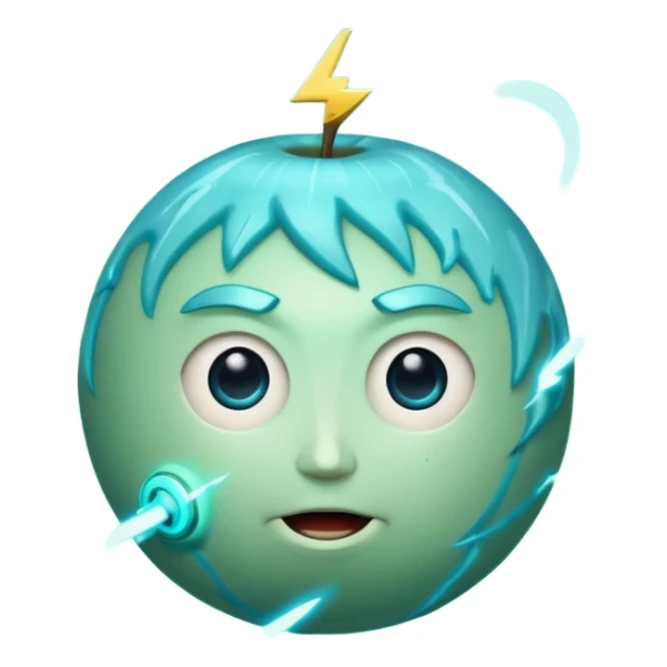 Uranus planet emoji in Apple style with a face, bursting with electric, chaotic, and unexpected energy, lightning effects, expressive and playful features, blue-green color, visible rings sticker
