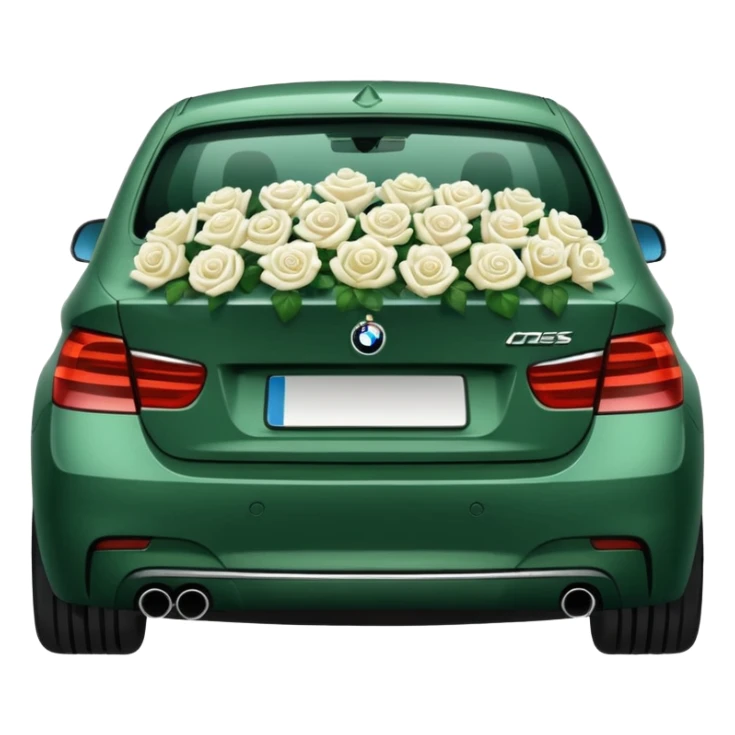 BMW car, rear view, trunk overflowing with white roses, emoji style sticker