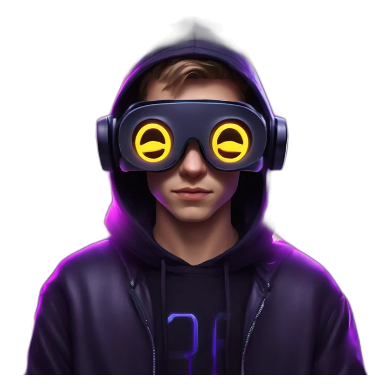 Russian young man wearing a black hoodie with "OMG" letters on it and VR headset in a cyberpunk VR environment with violet neon lighting. sticker