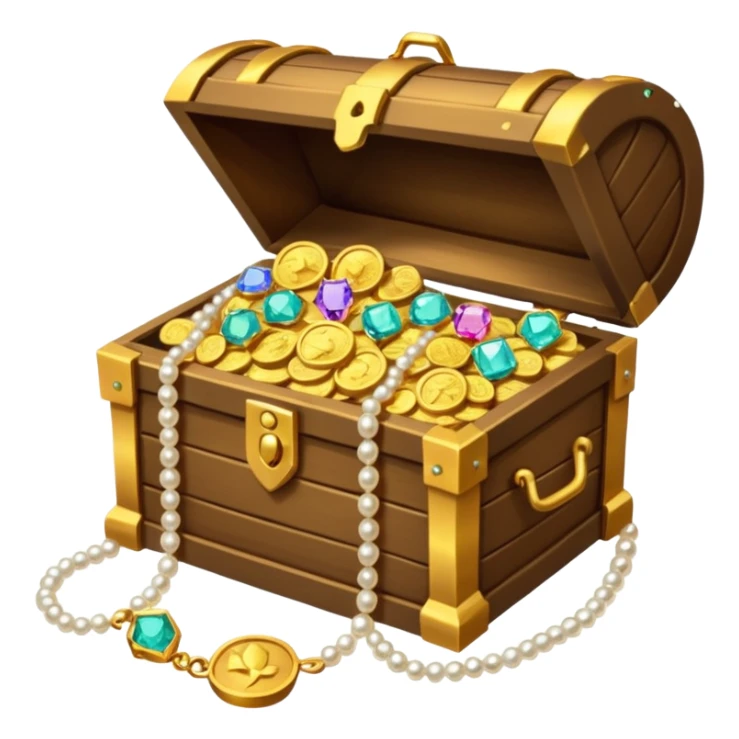 A treasure chest is slightly open and peeking out from inside are treasures: colored diamonds, gold necklaces, pearls, and gold coins. sticker