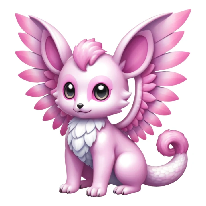 Shiny epic glittery iridescent divine white gold pink animal-fakemon-creature with head-ear-wings, cute, adorable, big eyes, fluffy tail sticker