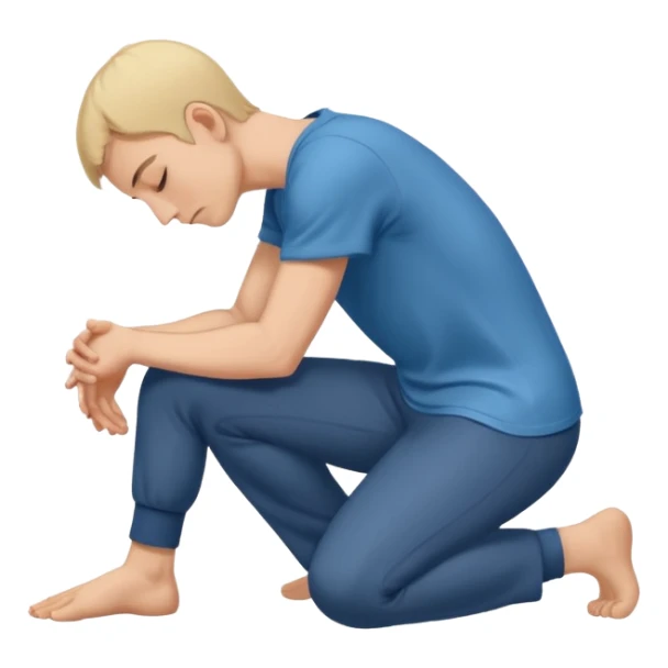 side view of a man kneeling on the ground with head and arms lowered, bowing deeply, gesture of respect or apology sticker