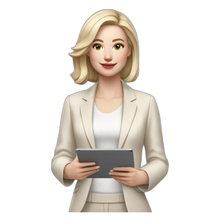 pale skin woman with ash blonde Straightened bob Hair, White Spacious classical jacket, beige palazzo Arrow pants and gray blouse holding a IPad Pro 12.9” in the hands sticker