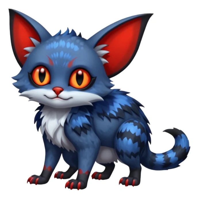 Shiny colorful exotic midnight blue-gray-black, with red markings, white belly, scaley scaly batty feline-like quadrupedal digitigrade furry feral Bastet-Noibat-Gatomon-Garchomp-Digimon-Fakémon-Pokémon-creature (full body) sticker