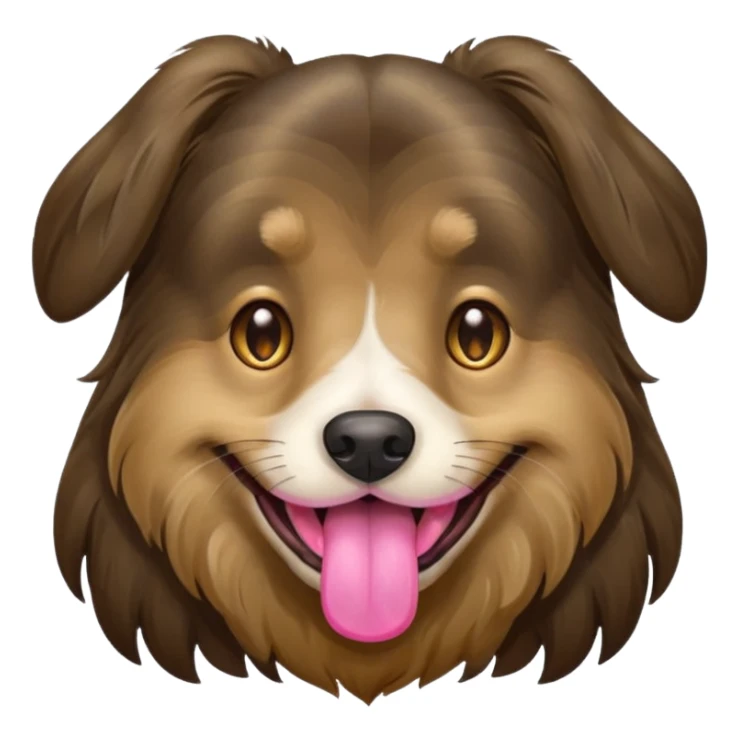dog face with a long-haired brown and black brindle coat and light brownish gold eyes smiling with tongue hanging slightly out. sticker