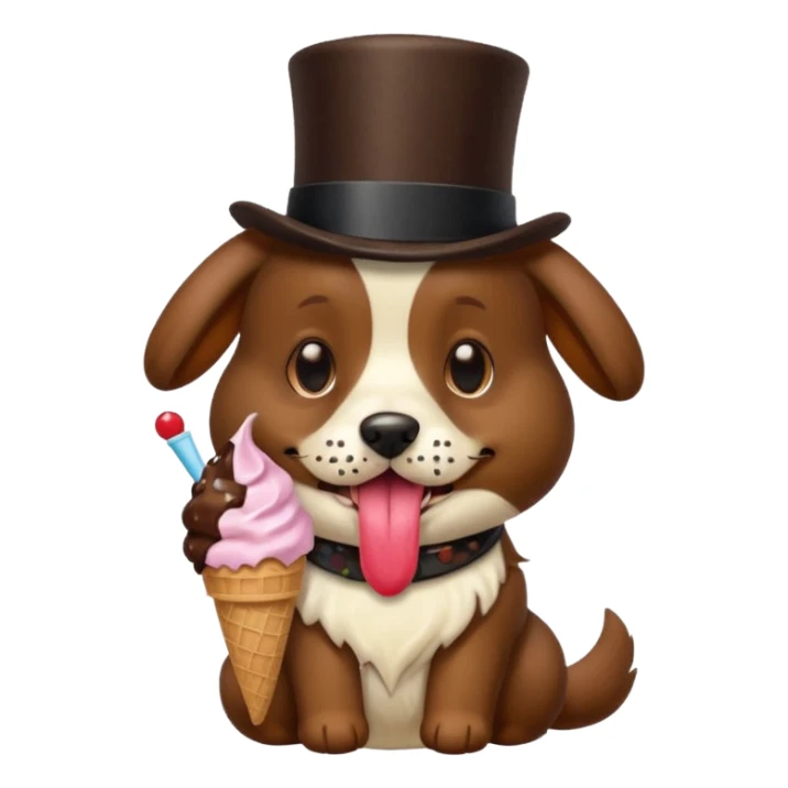 Dog licking ice cream with a top hat sticker