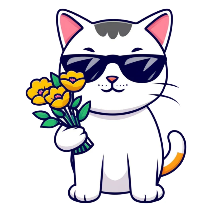 cat wearing sunglasses holding a bouquet of flowers sticker