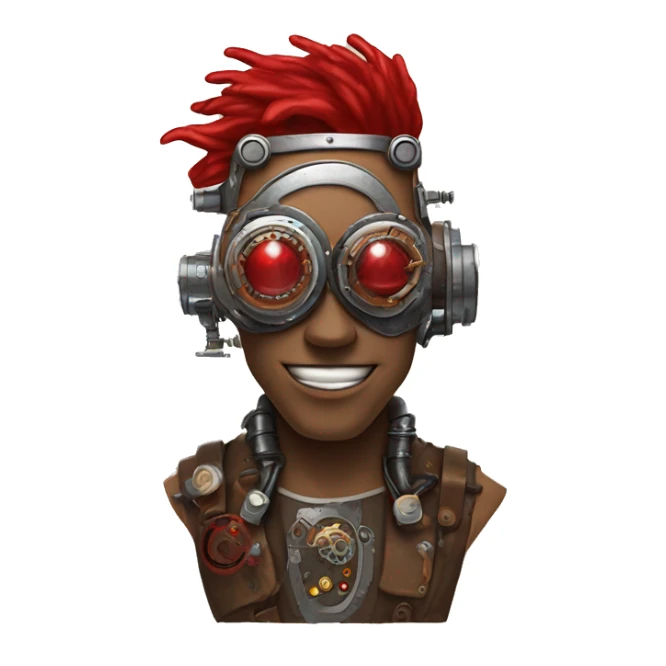 Brown cyborg head with red Mohawk, red beard, silver steampunk monocle goggles a smile and circuits sticker