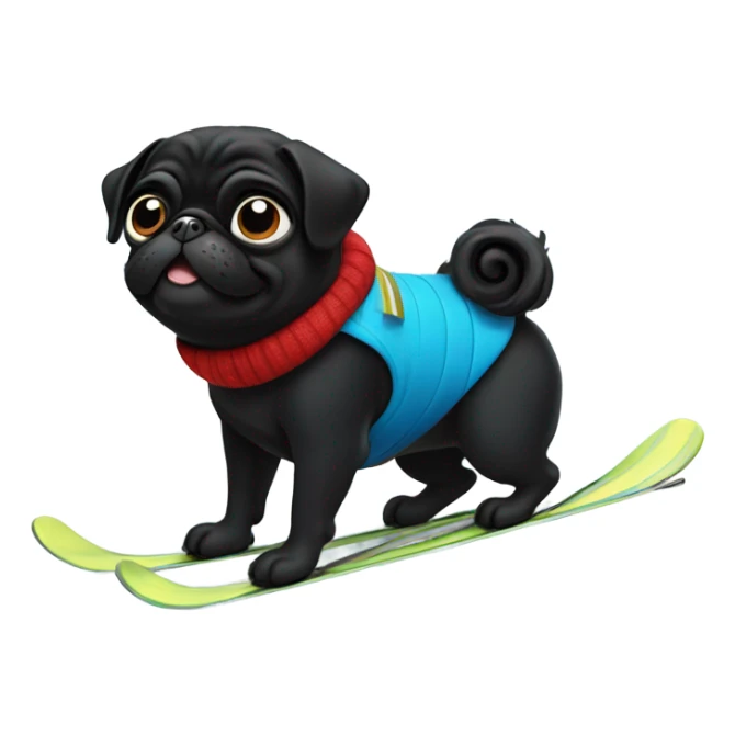 Black pug with a curly tail skiing on a snowy mountain sticker