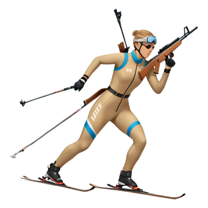 An icon featuring snow-covered trees, distant mountains, and a clear blue sky with a biathlete in motion, holding a rifle and skiing across a snowy course. Transparent background highlights the precision, endurance, and excitement of biathlon. sticker