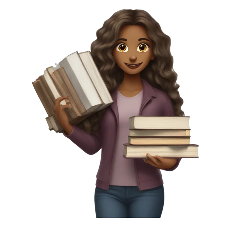brunette long wavy hair highlights woman while holding large stack of books sticker