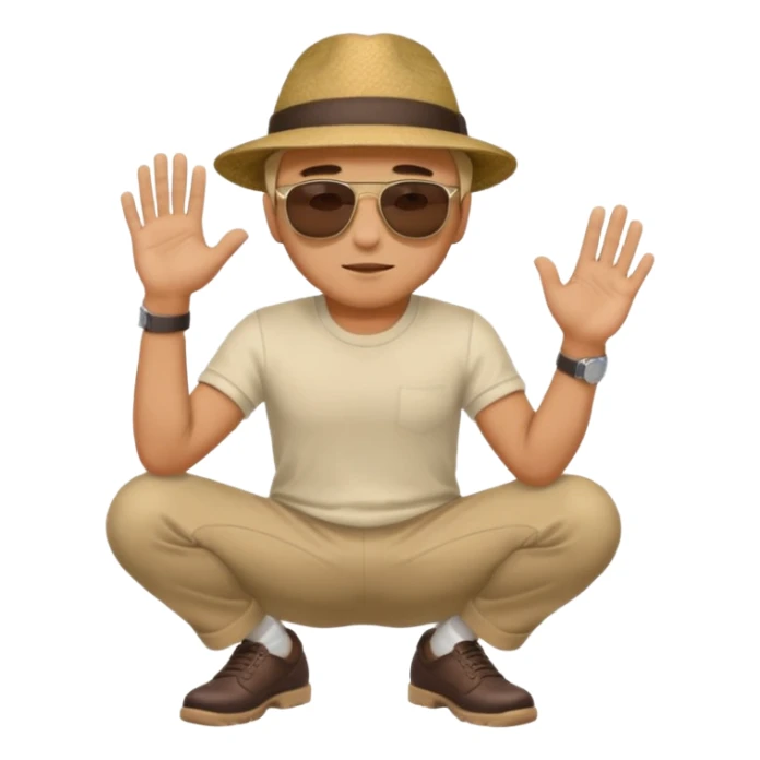 A man squatting down and holdig his hand flat a bit above the ground sticker