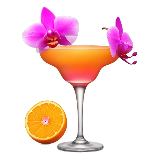 Orange cocktail with pink orchid garnish sticker