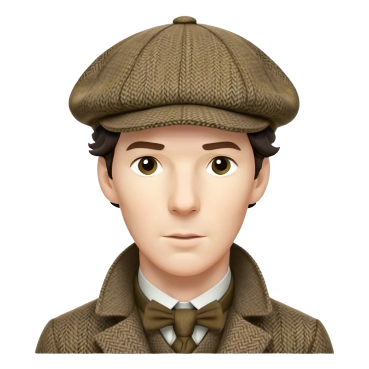 sherlock holmes benedict cumberbatch, wearing a deerstalker hat with the fabric is often tweed, which features a subtle checkered or herringbone pattern with darker and lighter threads woven together, creating texture and depth.  sticker