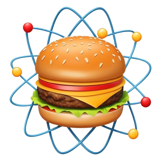 burger as the nucleus of an atom with electrons orbiting around it sticker