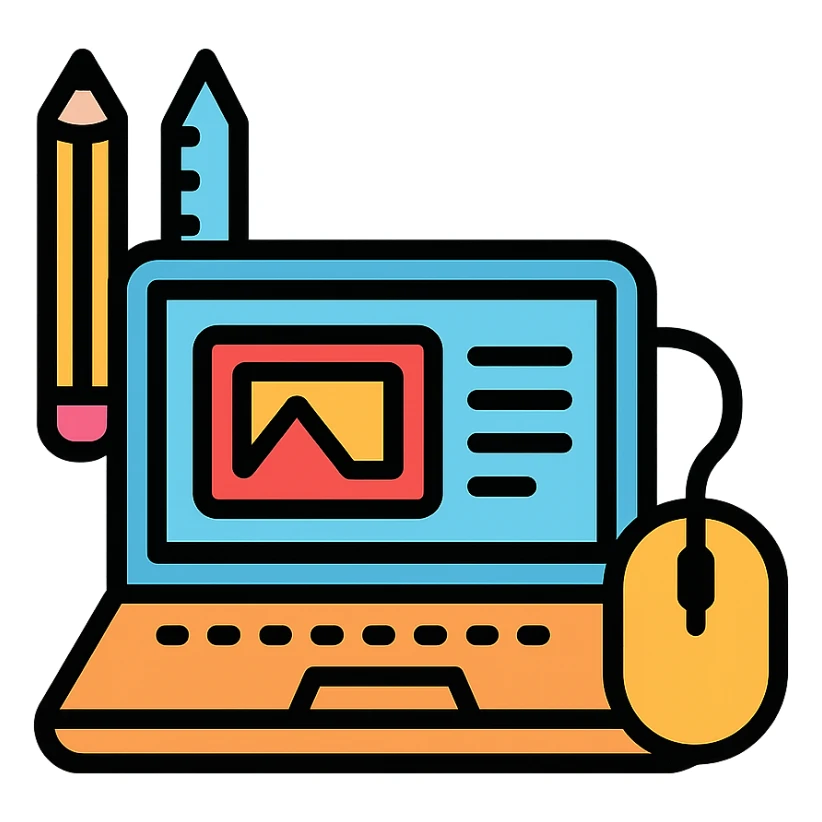 web designer as a color outline icon, featuring a stylized laptop, mouse, and creative tools sticker
