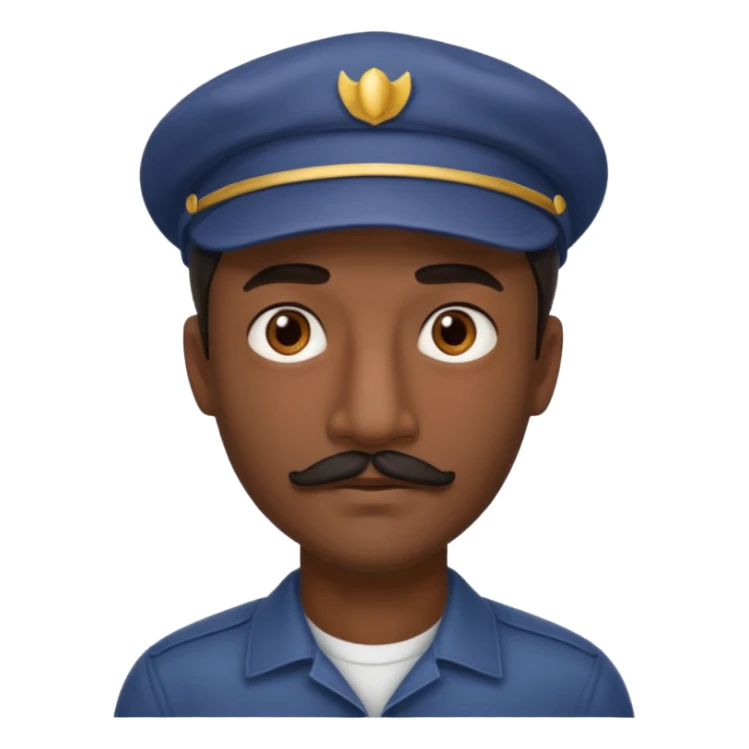 A dark-skinned man with a cap, brown eyes, and a thin black mustache. sticker