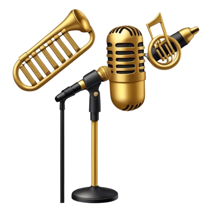 Create a sophisticated and smooth emoji representing jazz vocal performance. The design should feature a stylized microphone, with musical notes swirling around it to convey the fluid, improvisational nature of jazz. Add subtle elements like a vintage microphone stand or a hint of a singer’s silhouette in the background to reflect the live, intimate feel of jazz performance. Use deep, rich colors like gold, black, and burgundy to evoke the classic, smooth vibes of jazz. The background should be transparent. sticker
