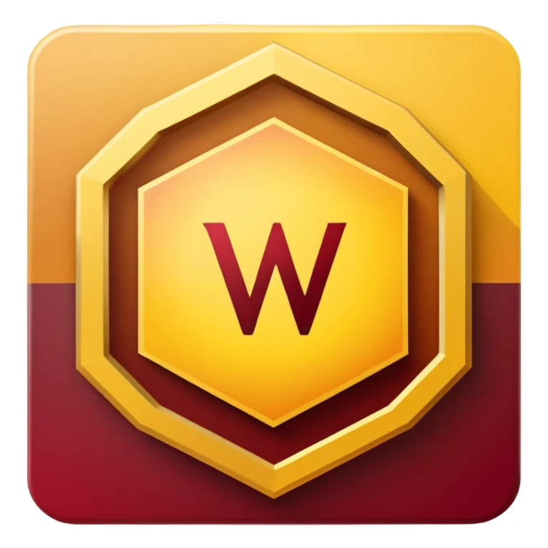 hexagon emblem with a thick yellow-to-gold outline and a dark red gradient inside. In the center, place a bold capital letter V in the same yellow-to-gold gradient as the outline. Keep the shapes clean and geometric, with smooth color transitions and no background color. sticker